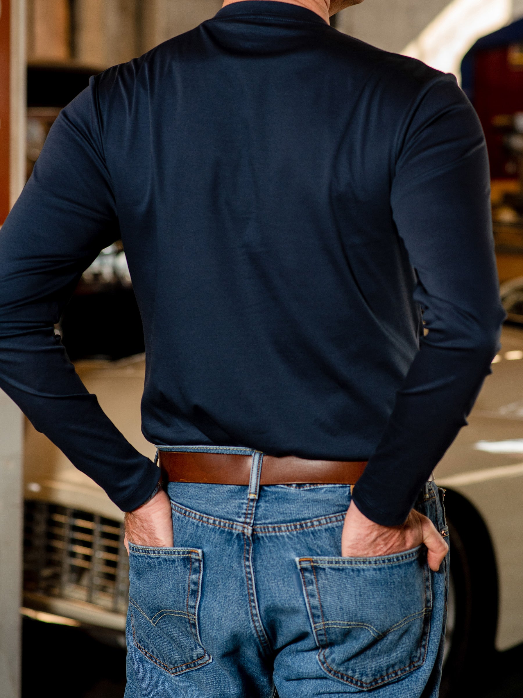◆bowlow◆ Panel henley neck t-shirt navy Thorough Loops Power Hum Henley Shirt (BLUE) – FBK Design